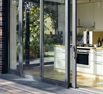 external matt black double glazed aluminium lift sliding doors