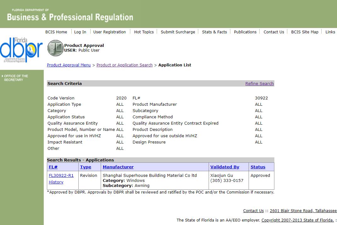 florida approval code-awning